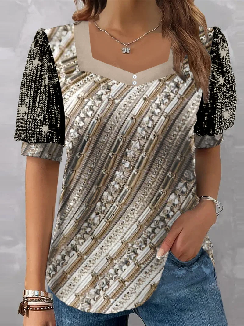 Women's Short Sleeve V-neck Graphic Printed Sequins Stitching Top