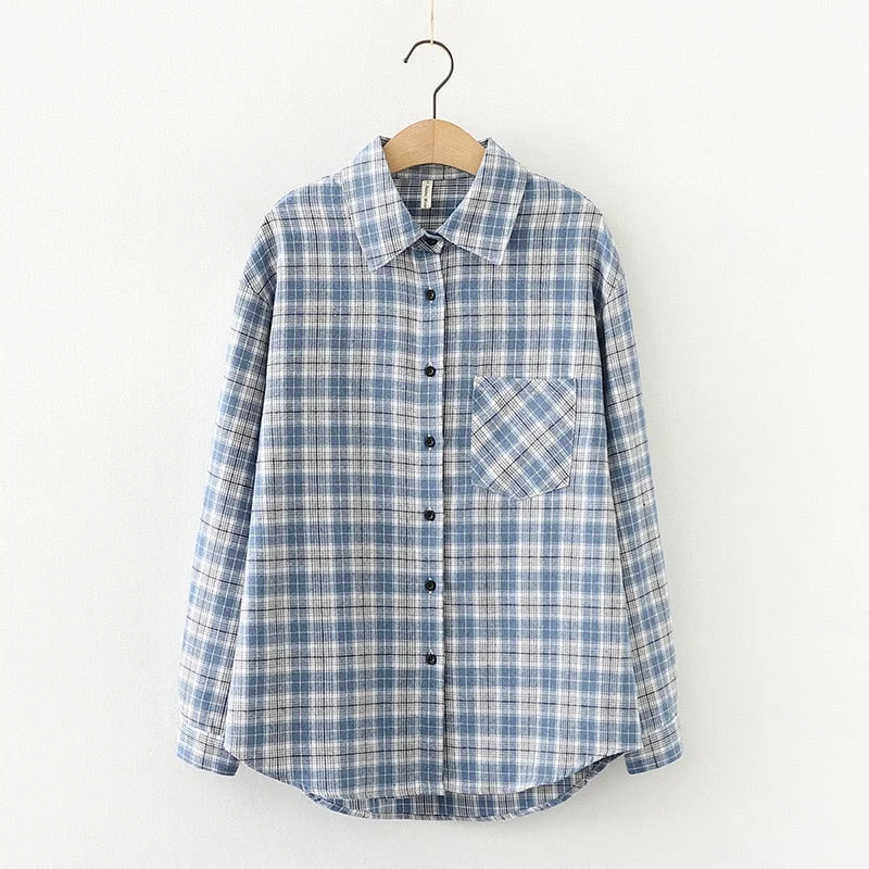 2021 New Loose Design Cotton Plaid Shirt Women Young Style Long Sleeve Blouses Casual Shirts Lady Tops Clothes Blusas