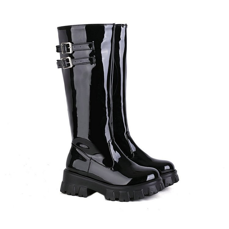 Knight's Style Buckle Straps Round Toe Fleeced Knee High Boots