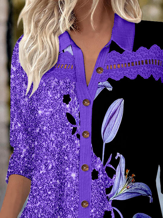 Women 3/4 Sleeve Shirt Collar Floral Printed Graphic Lace Button Pockets Tops