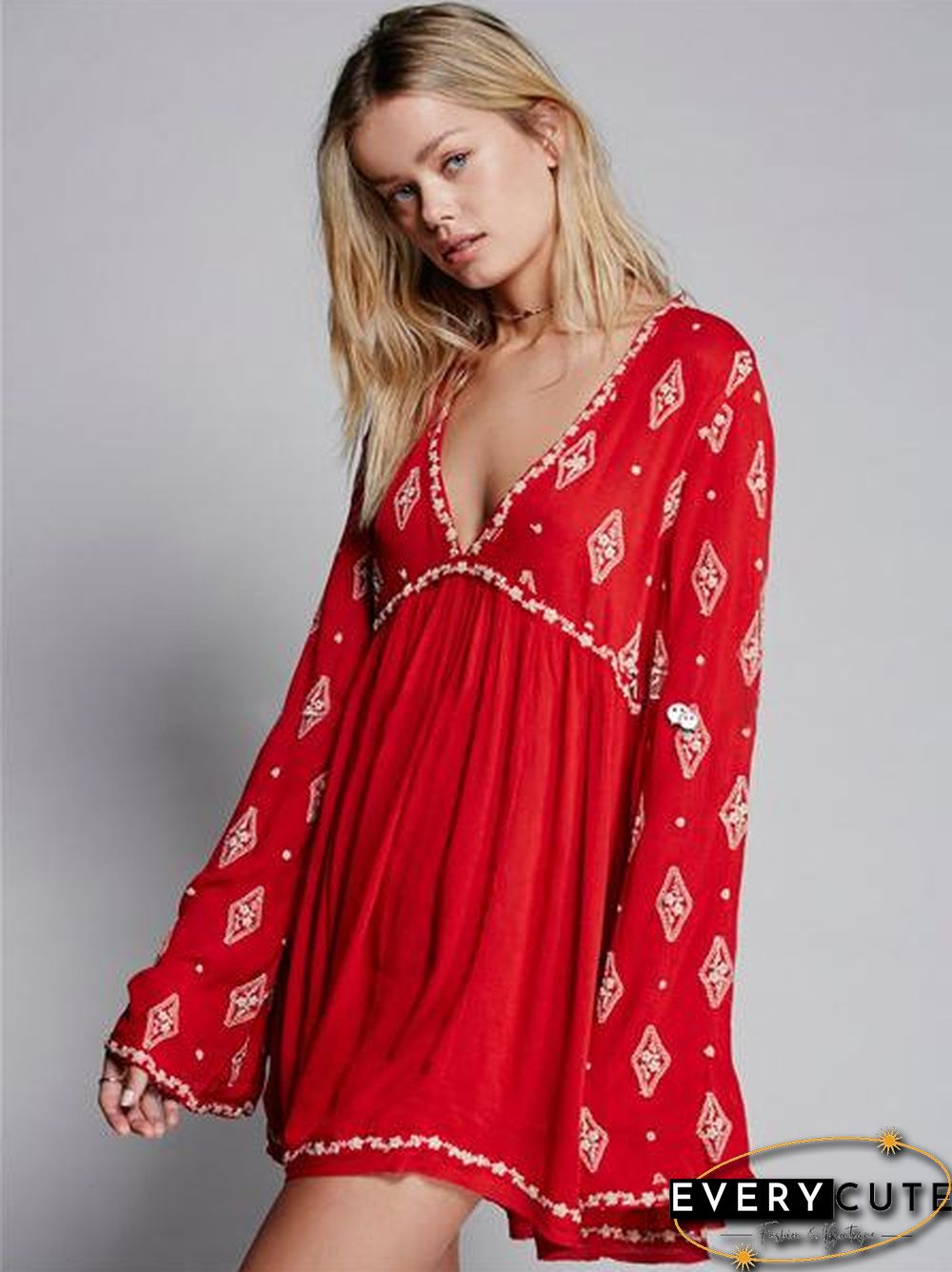 Deep V Neck Floral Printed Loose Shirt