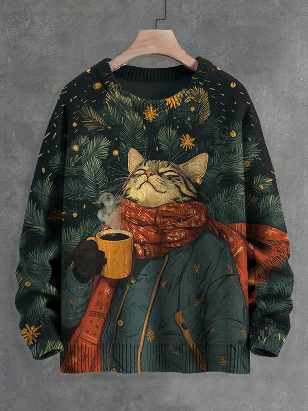 Men's Cat Drinking Hot Drink Next To The Christmas Tree Art Print Knit Sweatshirt