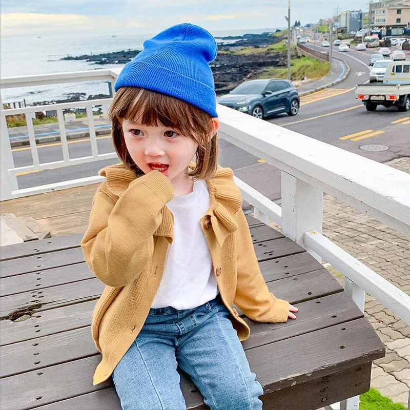 INS baby girls cardigan 0-11 years old Autumn and winter Lotus leaf collar solid color children's sweater kids baby cardigan