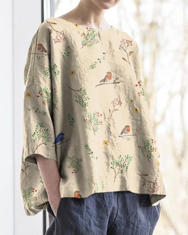 Retro Floral and Bird Print Round Neck Cotton and Linen Loose Top
