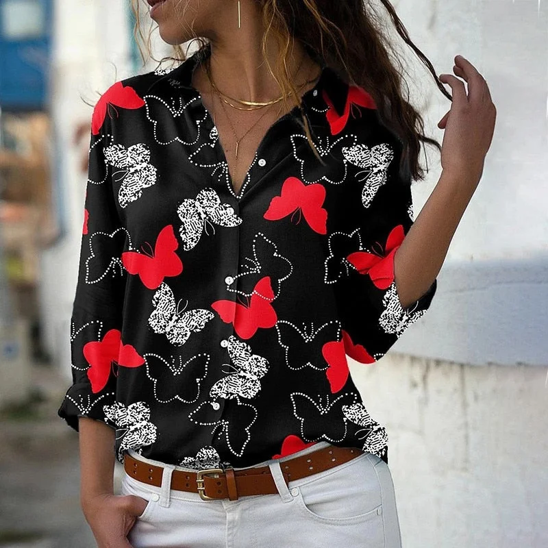 Butterfly Print Blouses For Women Turn-down Collar Long Sleeve Elegant Office Lady Tops Casual Plus Size Fashion Shirts Blusas