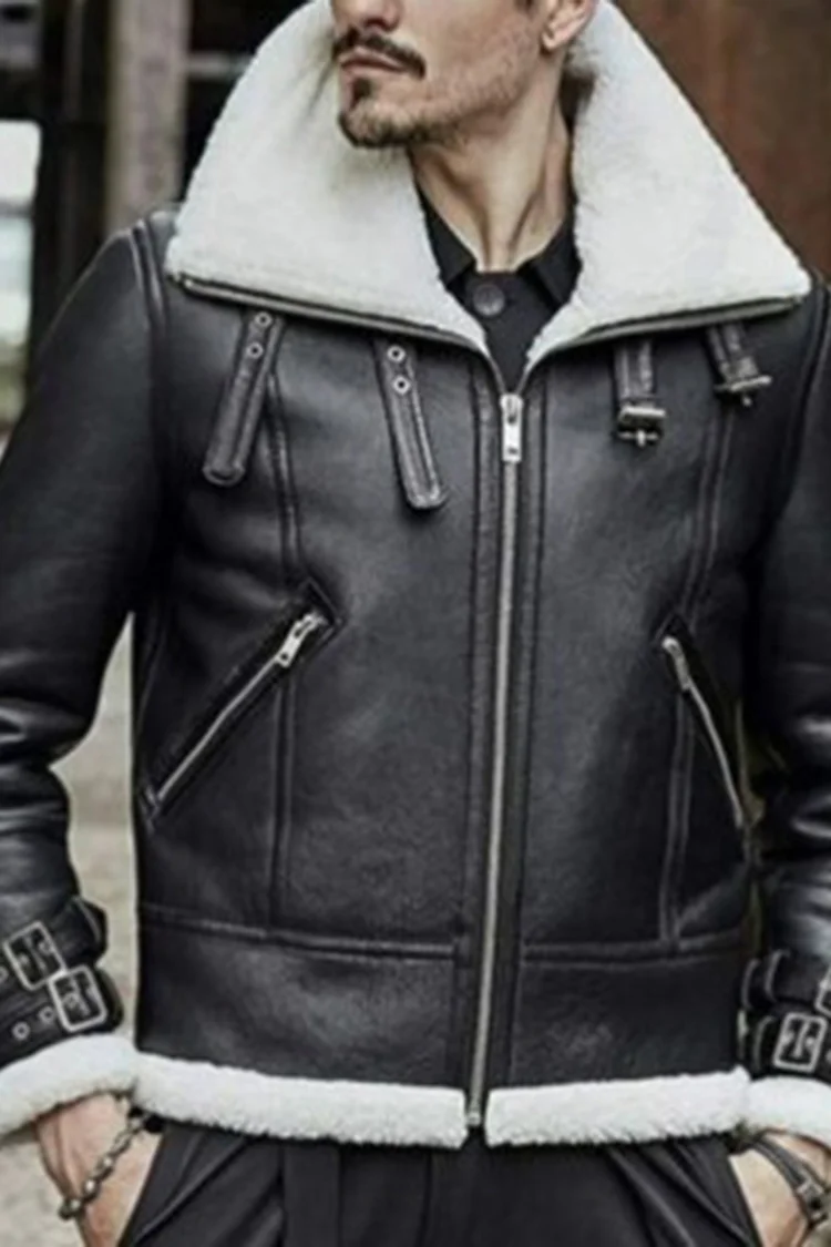 Stand Collar Zip-Up Plush Leather Button Biker Jacket
