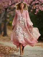 Women's Bohemian Cherry Blossom Pattern Casual V Neck Long Sleeve Dress