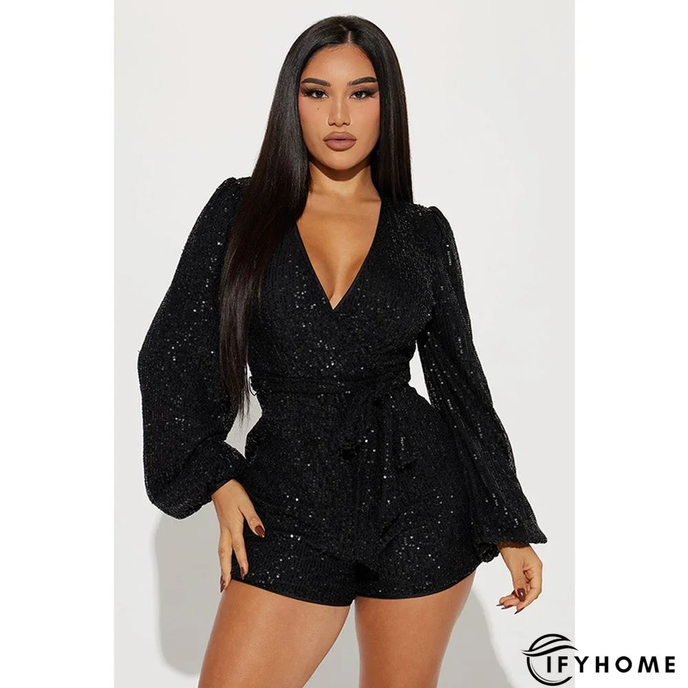 Elegant V Neck Shiny Sequin Long Sleeve Lace-up Party Short Romper | IFYHOME