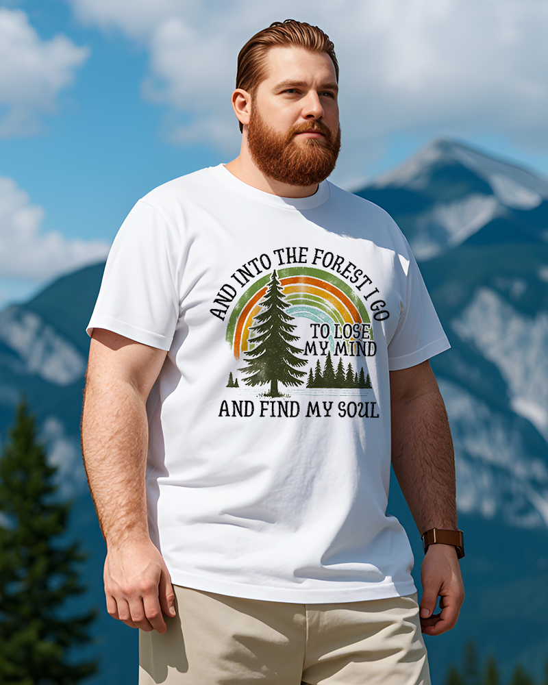 Men's Plus Size Outdoor White And In The Forest I Go Alphabet Gradient Mountain Print Round Neck Short Sleeve T-Shirt