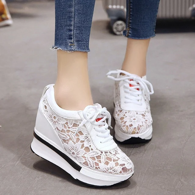 Qengg women shoes 2022 white platform wedge sneakers high heel sneakers shoes women casual mesh Breathable shoes zapatillas mujer