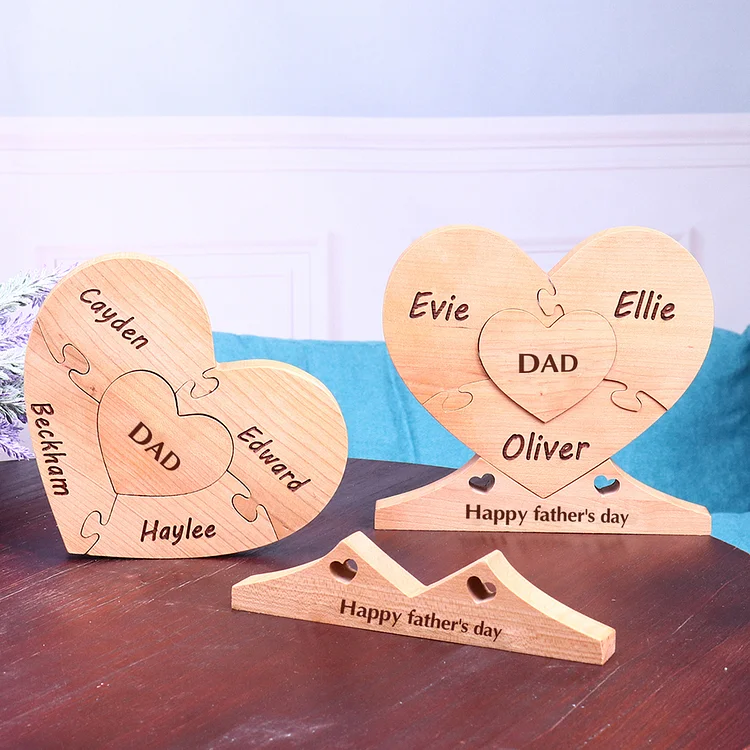 Personalized Heart Pattern Wooden Puzzle Engraved 7 Names and 1 Text, Family Gift, Gift for Dad