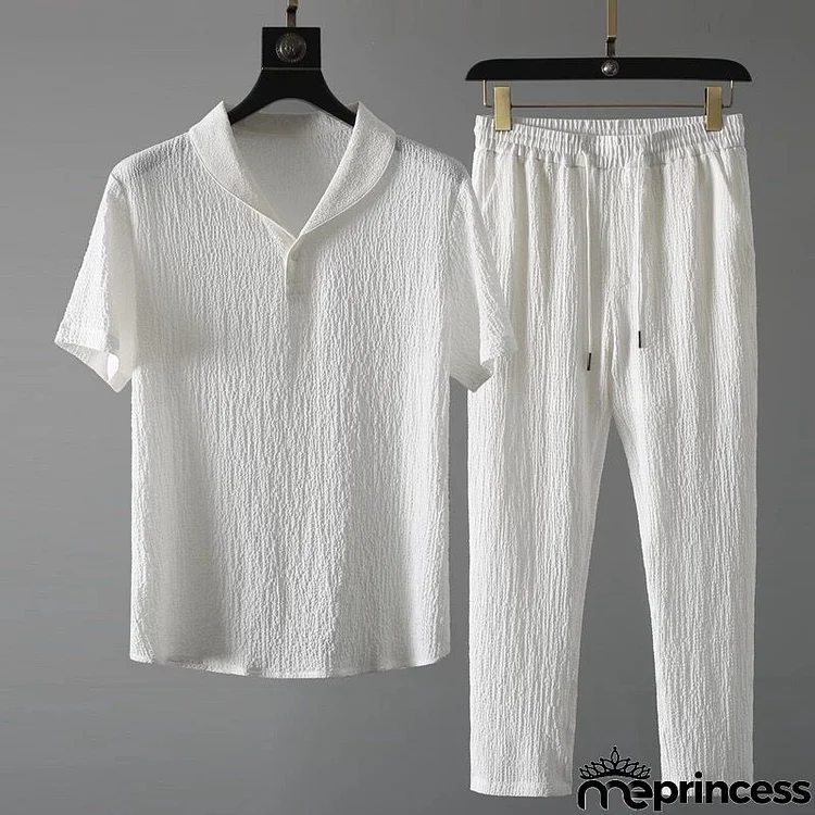 Men Summer Fashion Casual Solid Color Lapel Short Sleeve T-Shirt Pants Plus Size Sets