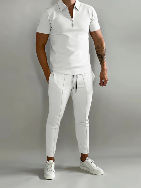 Mature Men's Solid Color Lapel Short-sleeved POLO Shirt + Trousers Two-piece Set Suit