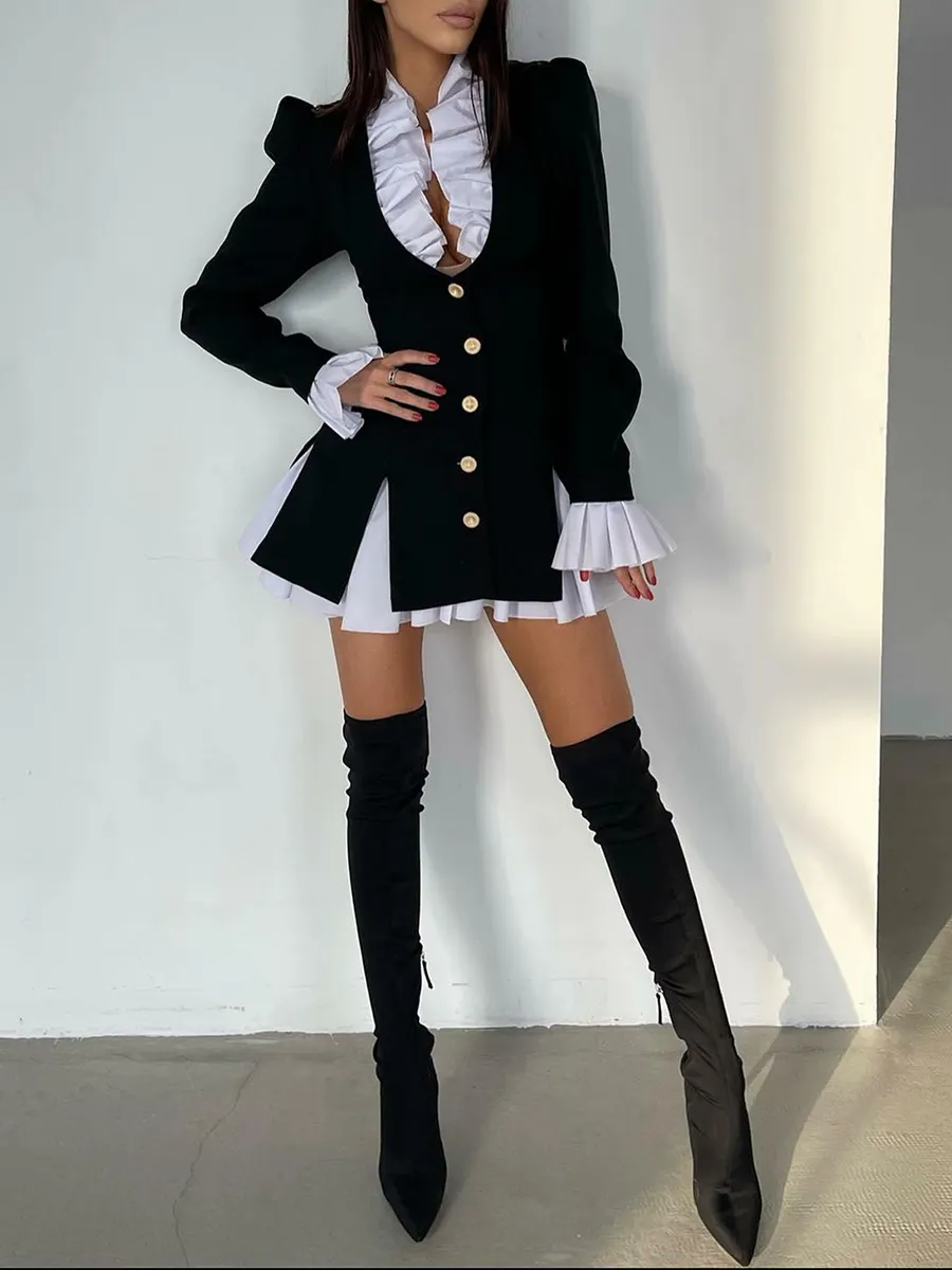Elegant Colorblock Pleated Hem Mini Dress