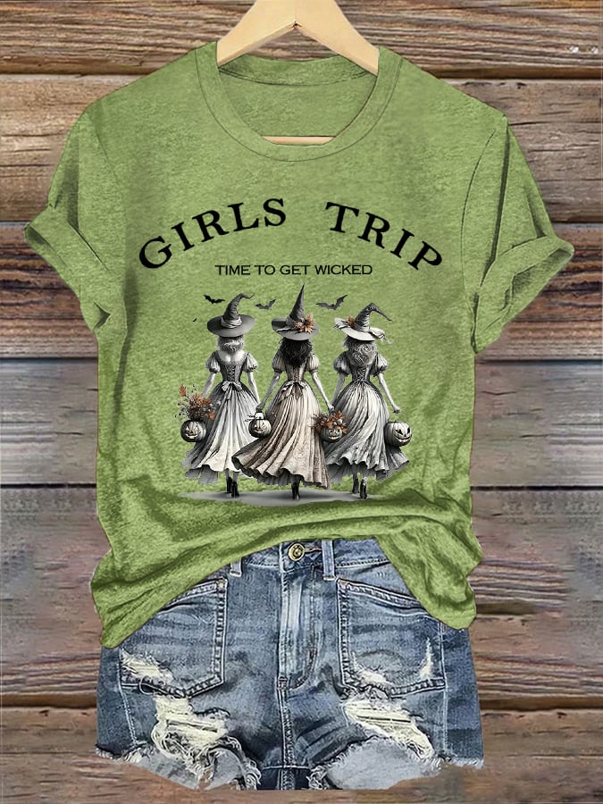 Women's Funny Halloween Witches Girls Trip Time To Get Wicked Casual Tee