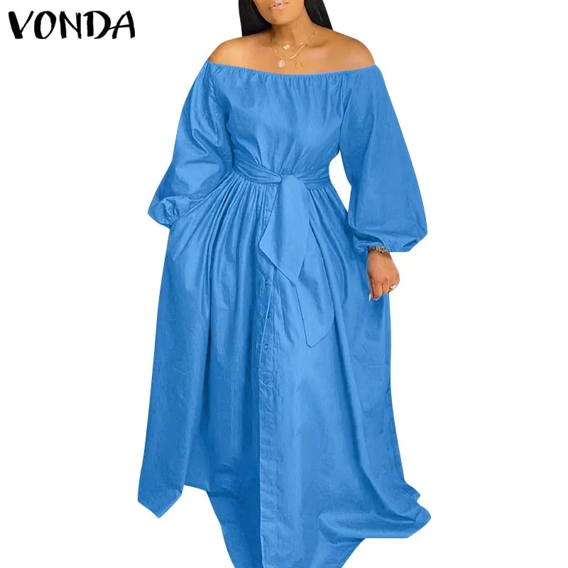 Elegant Off Shoulder Dress 2022 VONDA Spring Sundress Women Solid Color Long Maxi Dress Femme Casual Button Up Party Vestidos