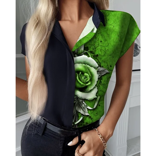 New Summer Women Fashion Floral Print Colorblock Short Sleeve Casual Plus size Tops