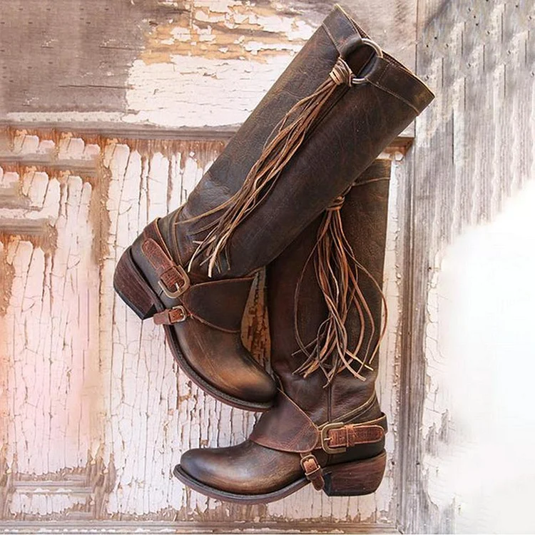 Women vintage tassel knot knee high boots on sale chunky heel boots