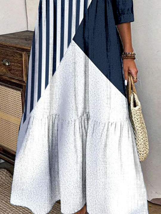 Women Half Sleeve Shirt Collar Striped Printed Graphic Button Maxi Dress