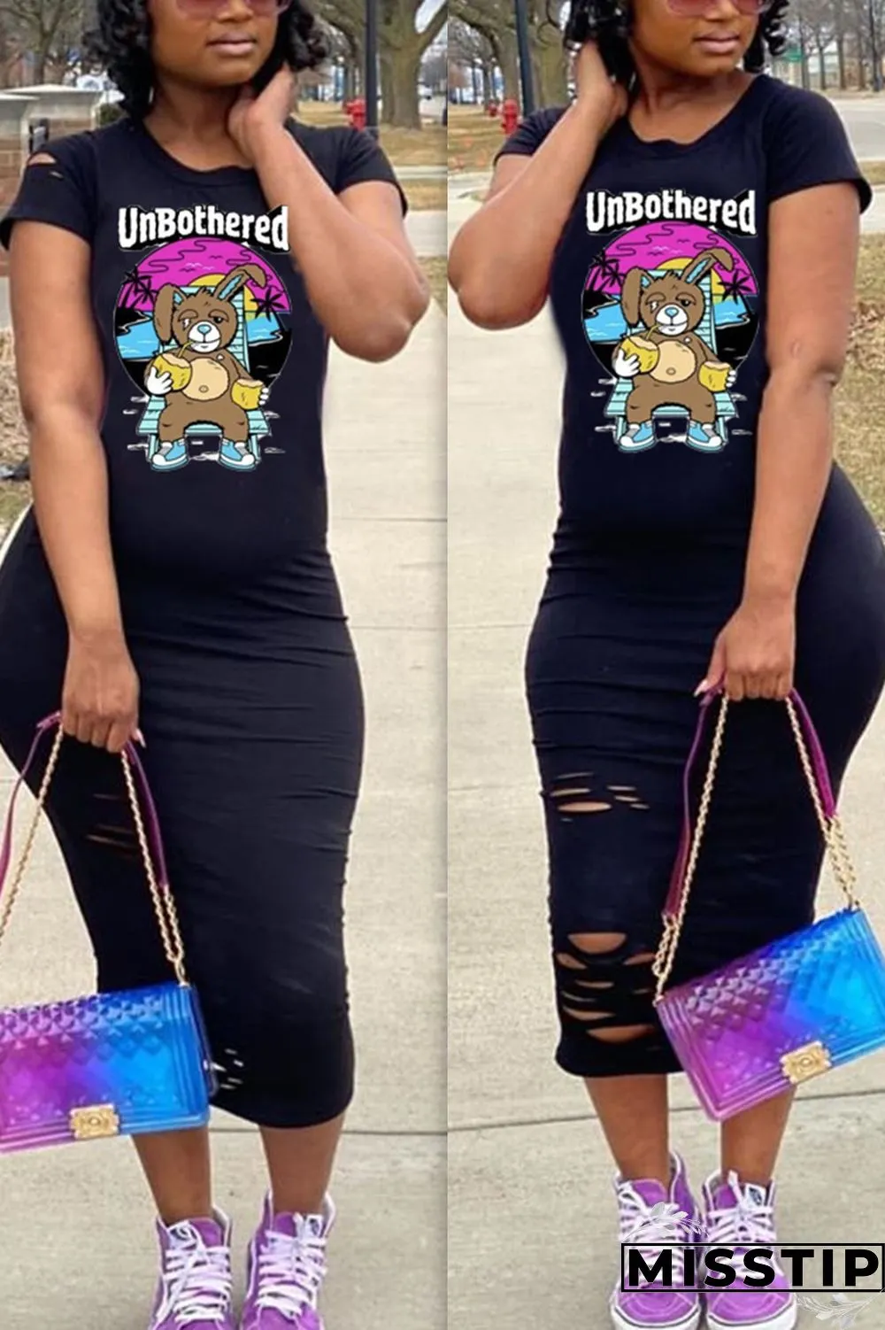 Yellow Fashion Cartoon Print Short Sleeve Dress