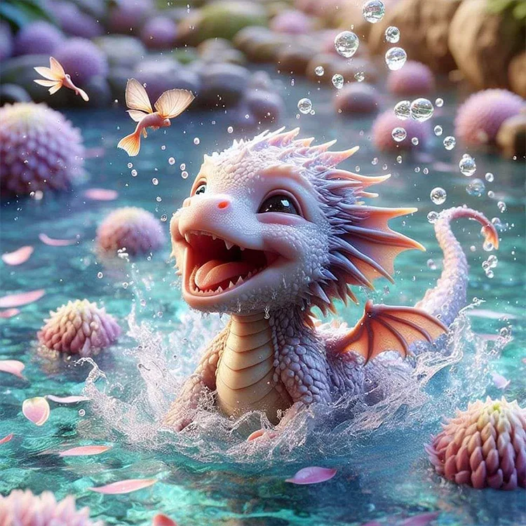 Little Dragon Playing In Water - Painting By Numbers - 40*40CM gbfke