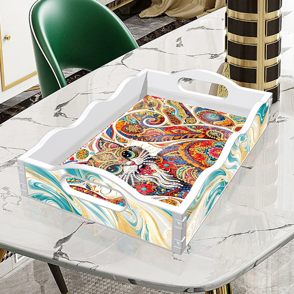 Acrylic Rich Cat DIY Diamond Decorative Serving Tray with Handle for Home Decor