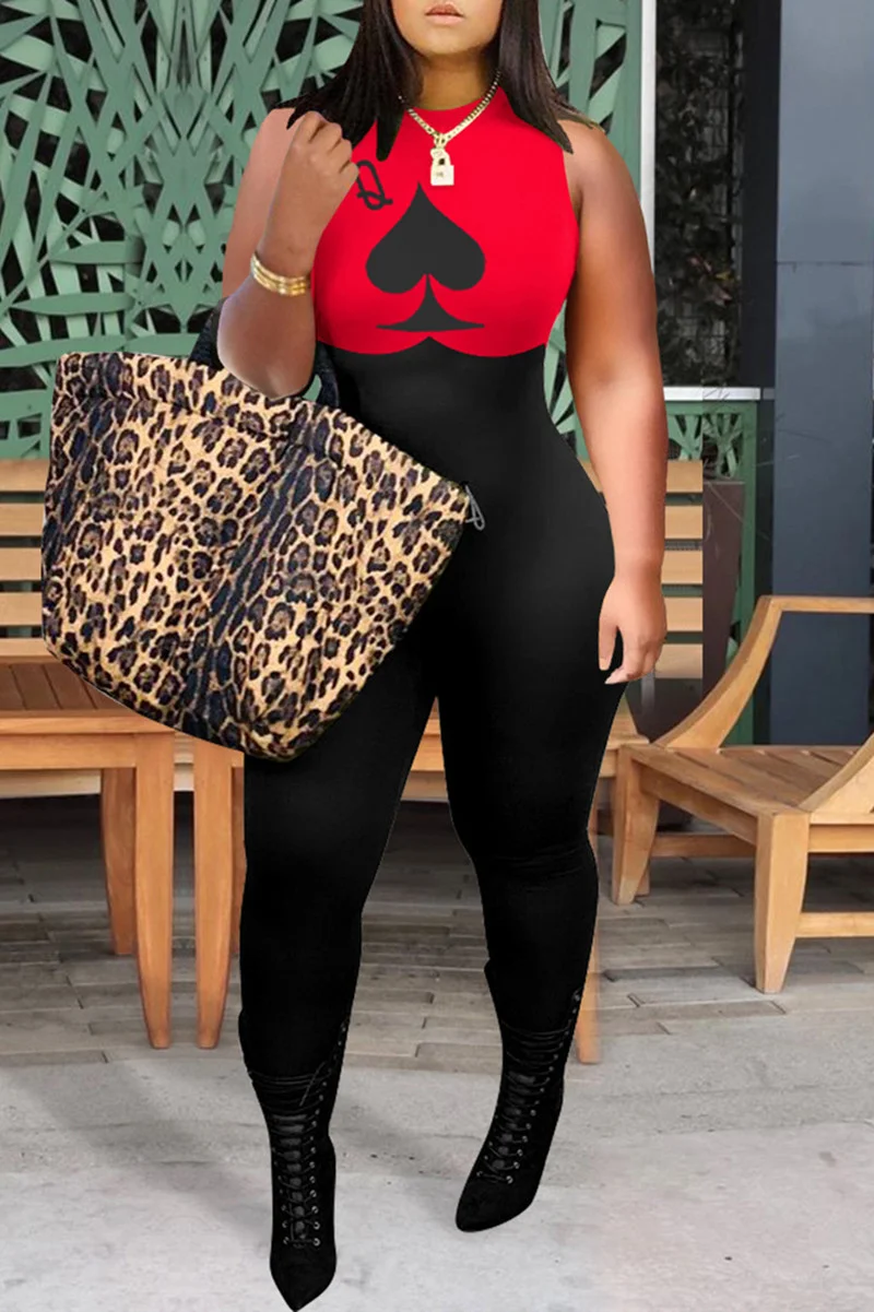 Red Fashion Casual Print Split Joint O Neck Skinny Jumpsuits