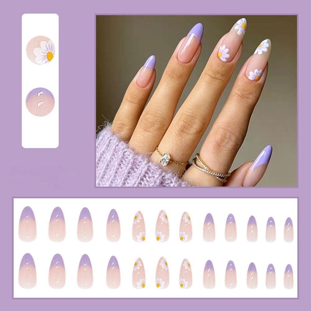 Oval Head False Nails Almond Purple Artificial Fake Nails With Flower Design Full Cover Nail Tips Press On Nails DIY Manicure