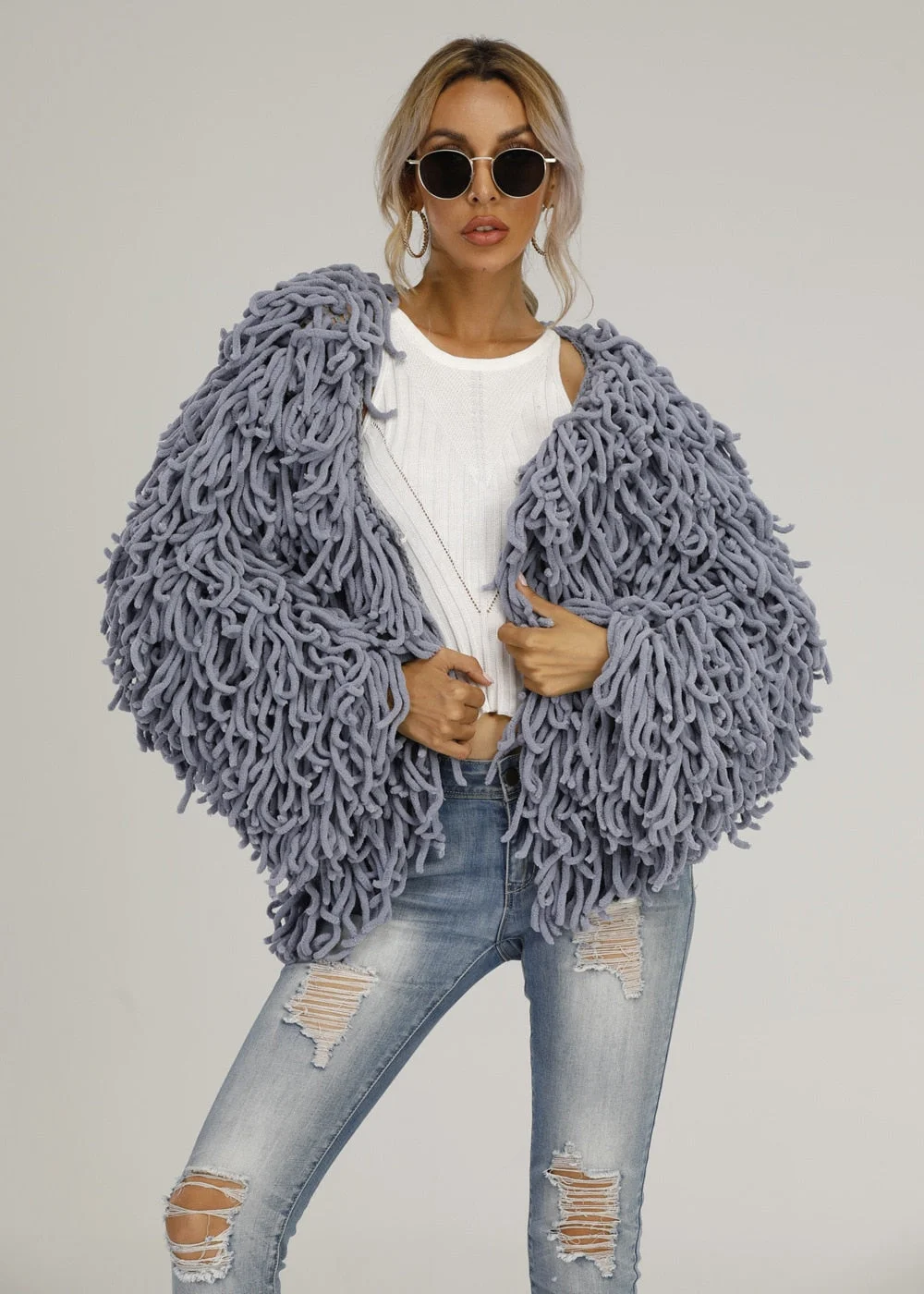 Autumn and winter new woolen woolen plush fringed sweater jacket personality blouse women