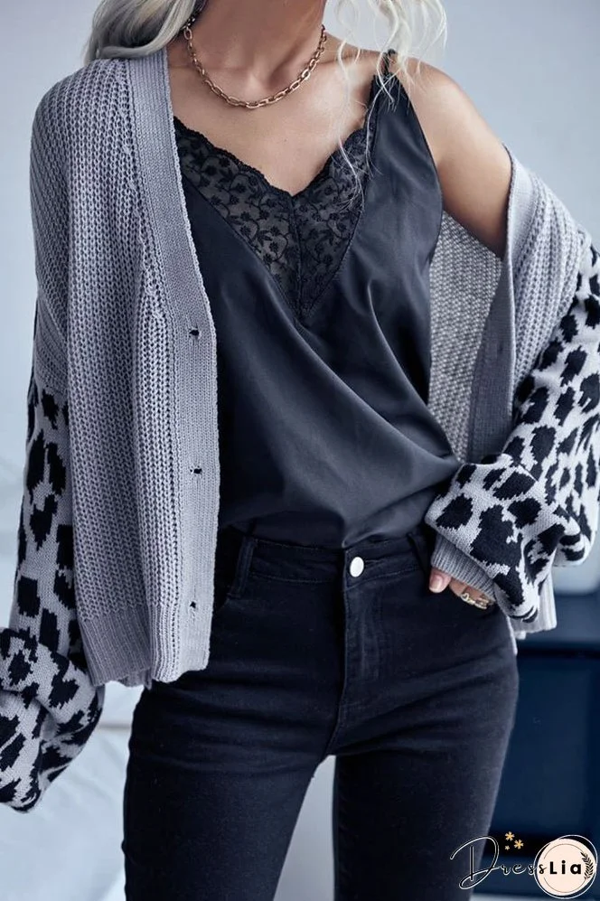 Leopard Sleeve Splicing Open Front V Neck Button Cardigan