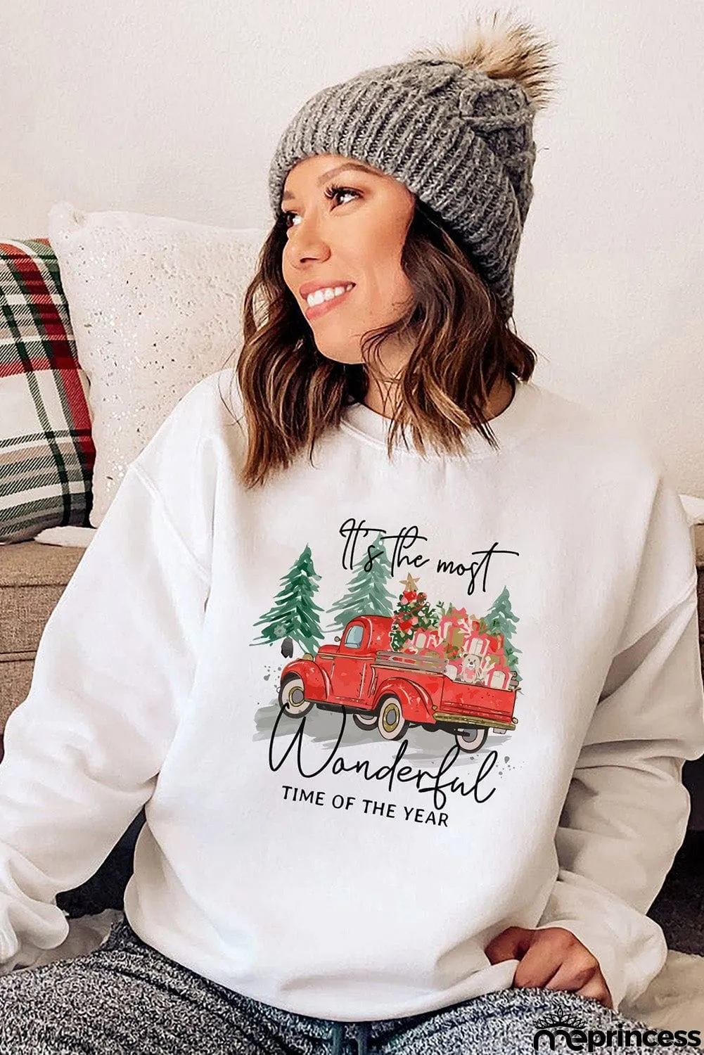 Christmas Truck Letter Graphic Print Pullover Sweatshirt