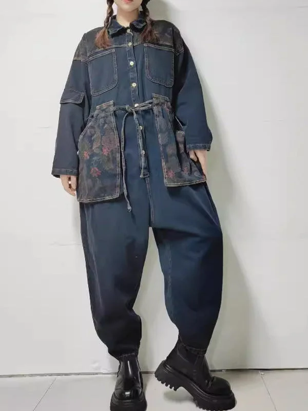 Women's Floral Printed Gradient Casual Retro Wide-leg Workwear Denim Overalls Jumpsuit