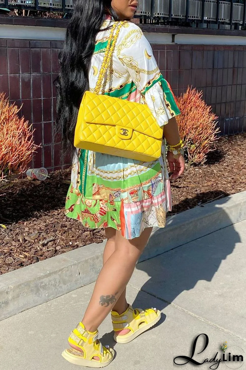 Gold Fashion Casual Print Patchwork V Neck A Line Dresses