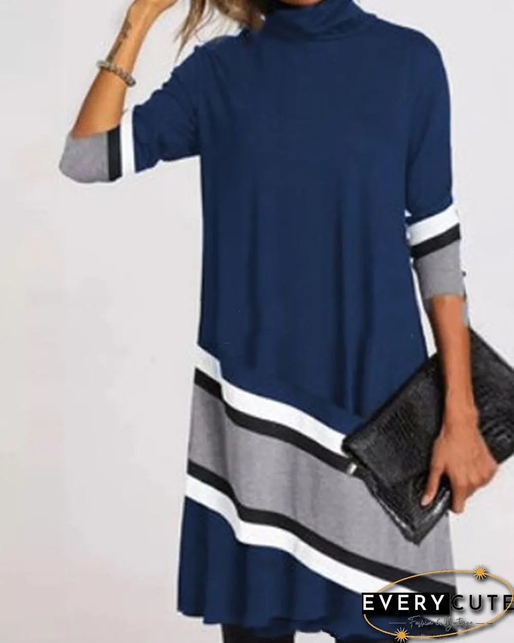 Casual Plus Size Color Block/Floral Tunic High Neckline Shift Dress