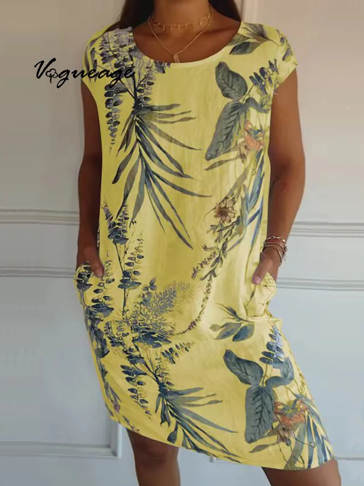 Round Neck Loose Short Sleeve Pocket Print Women's Dress