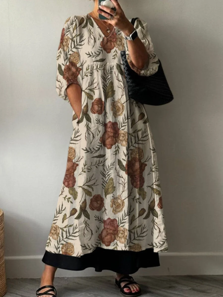 Vintage Rose Flower Decorative Pattern Pocket V-neck Cotton Dress