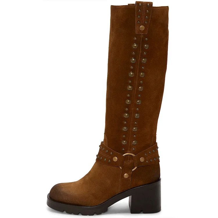 Brown Vegan Suede Stud Ring Buckle Knee Biker Boots with Block Heel |FSJ Shoes