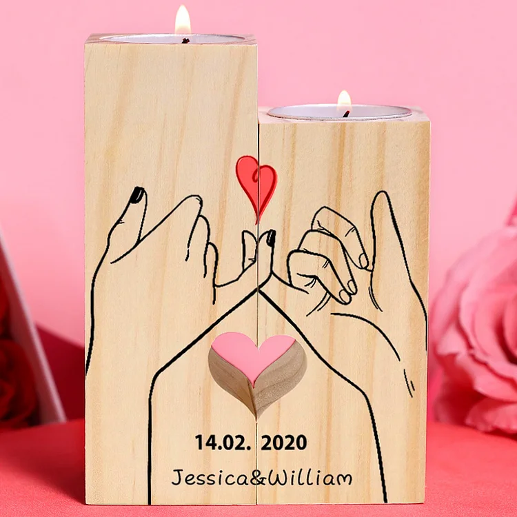 Personalized Pinky Promise Couple Candle Holder Engrave Name Wooden Candlesticks