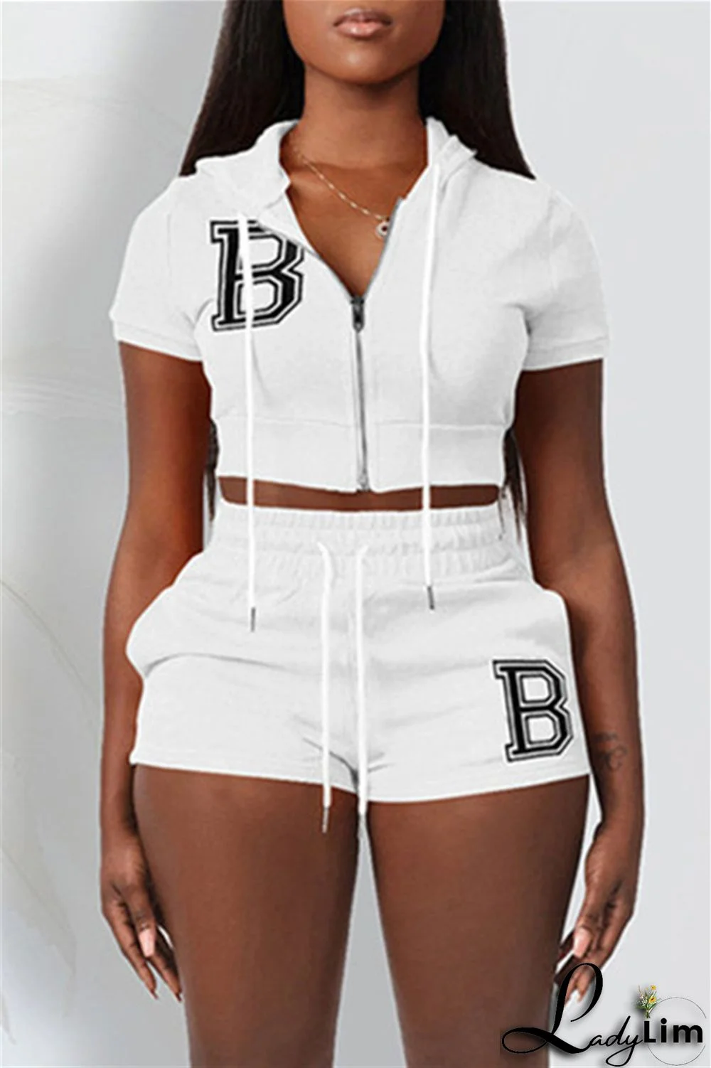 Pink Fashion Casual Letter Solid Embroidered Hooded Collar Short Sleeve Two Pieces