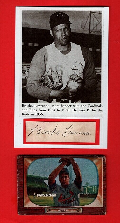 1956 BROOKS LAWRENCE-REDS AUTOGRAPHED CUT W/BOOK Photo Poster painting + 55 BOWMAN CARD -(d.96)