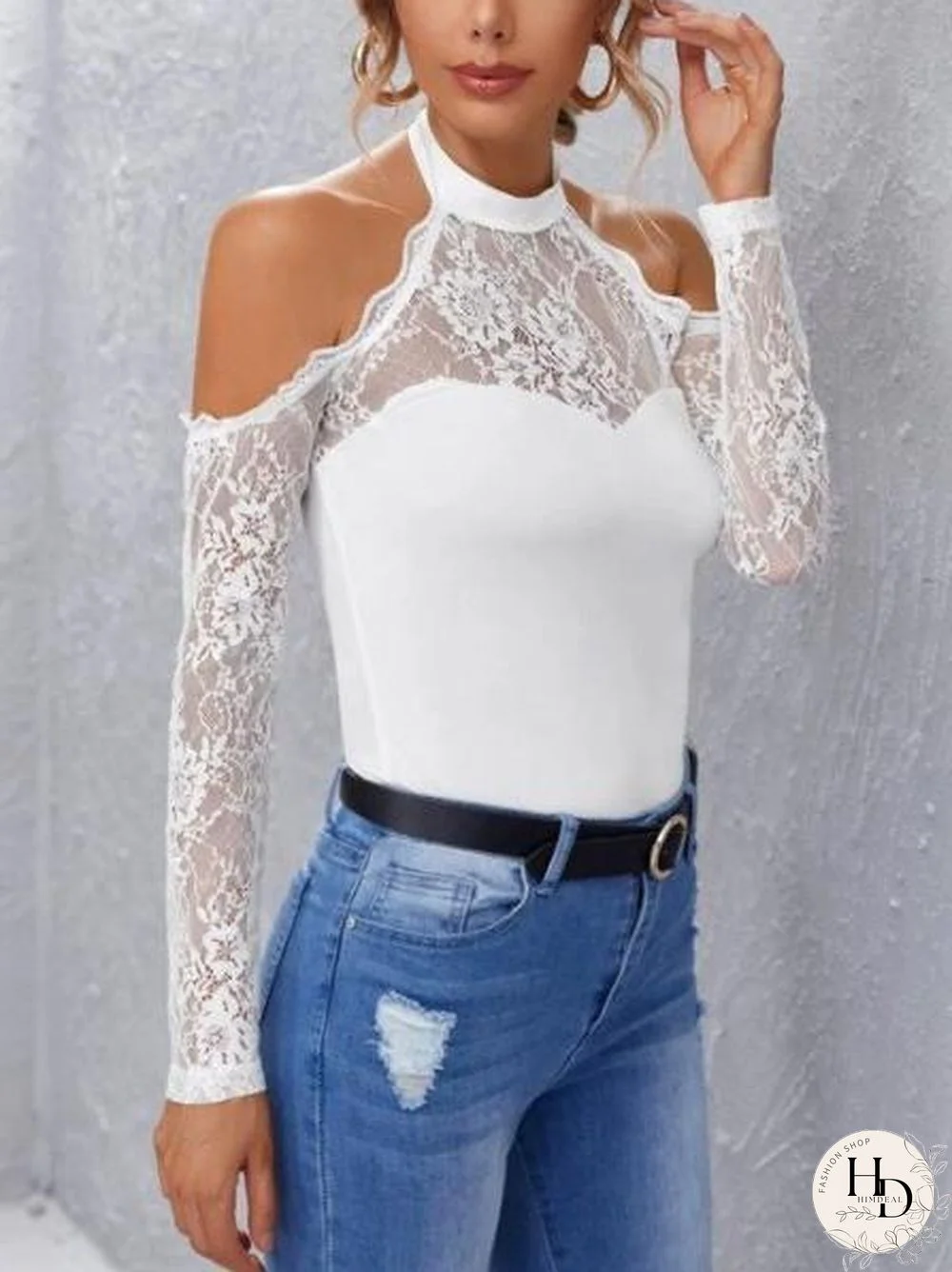 Hollow Shoulder Lace Pure Color Slim Top