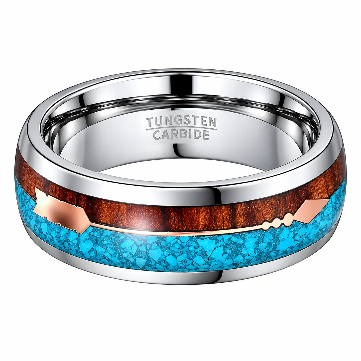  Silver Tone Domed Tungsten Rings Cupid's Arrow Wood Blue Turquoise Inlay