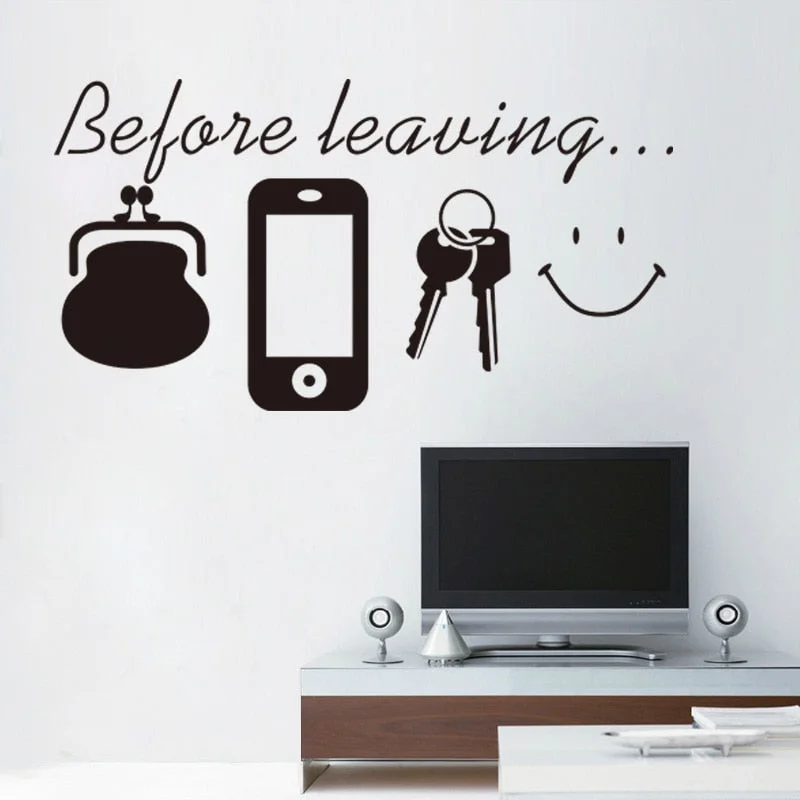 Before Leaving Cellphone Key Bag Smile Reminder Quotes Vinyl Wall Stickers For Door Living Room Decoration Diy Decals Wall Art