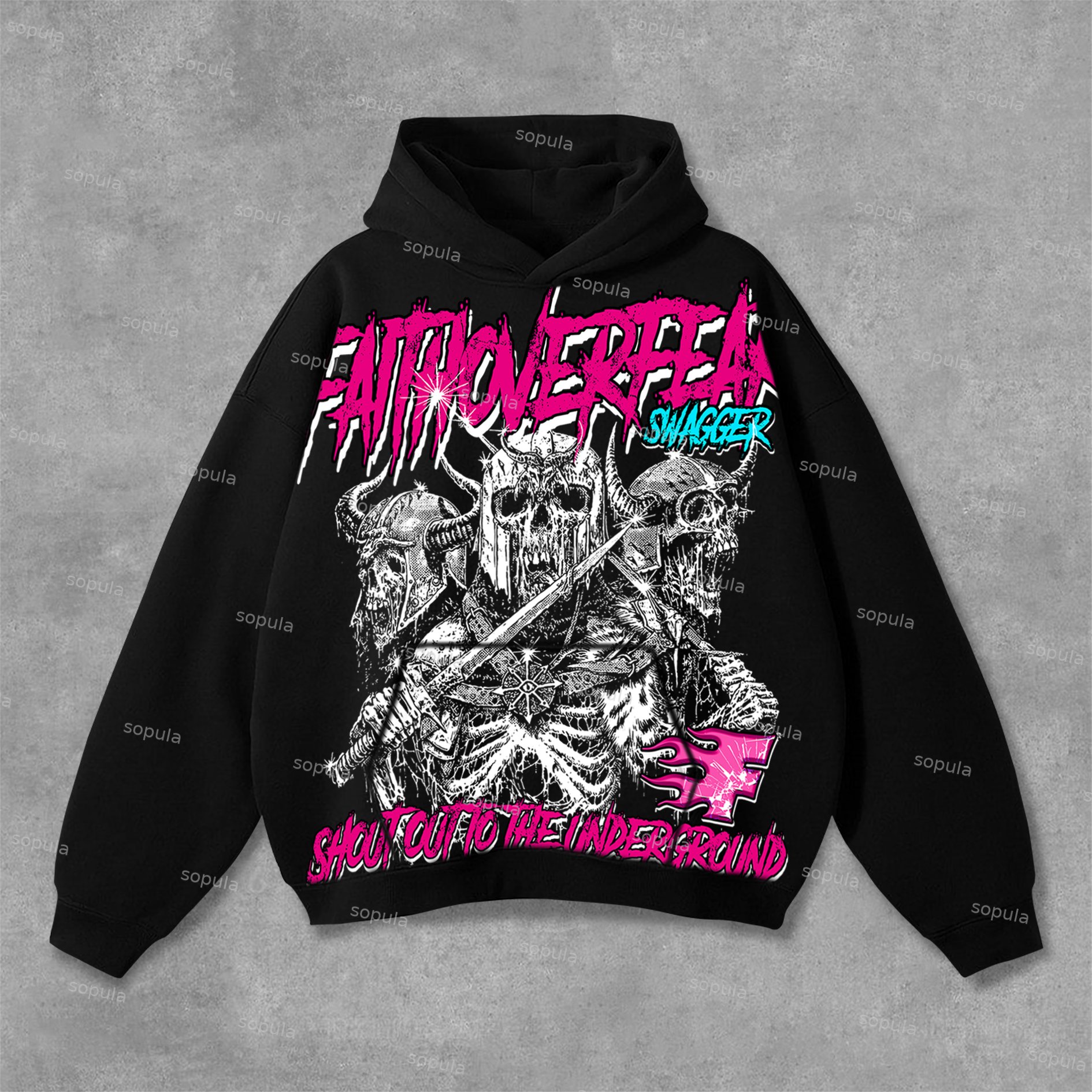 Sopula Skull Knight Faith Over Fear Graphic Print Pocket Hoodie - SOPULA