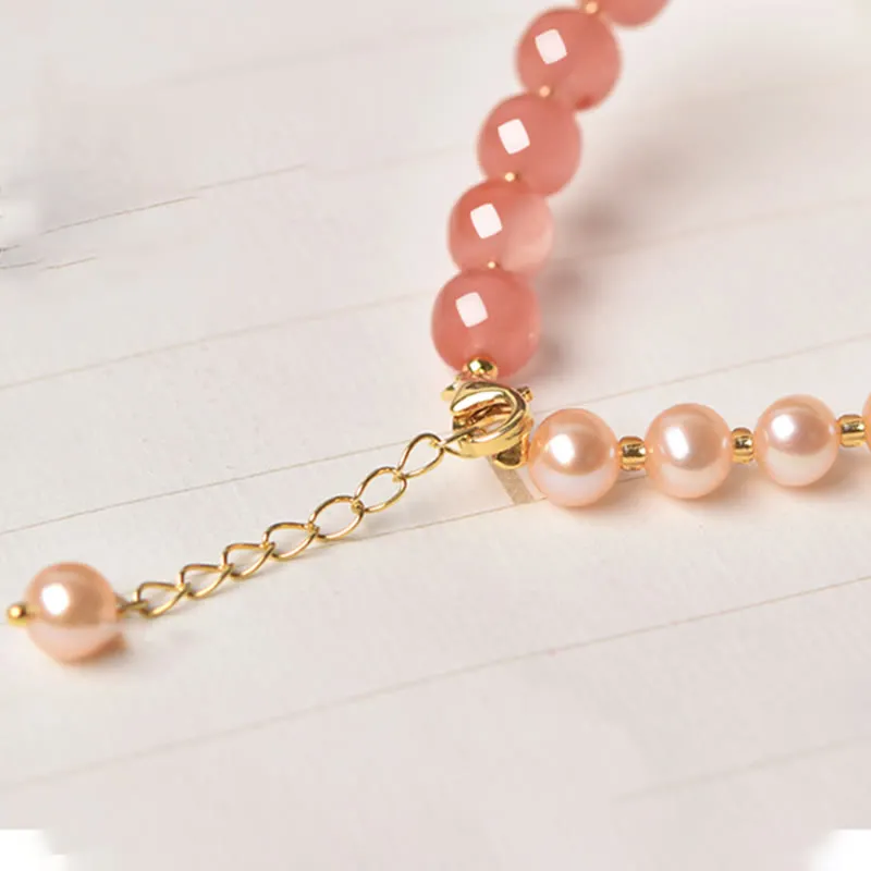 14K Gold Plated Natural Red Agate Pearl Jade Confidence Bracelet