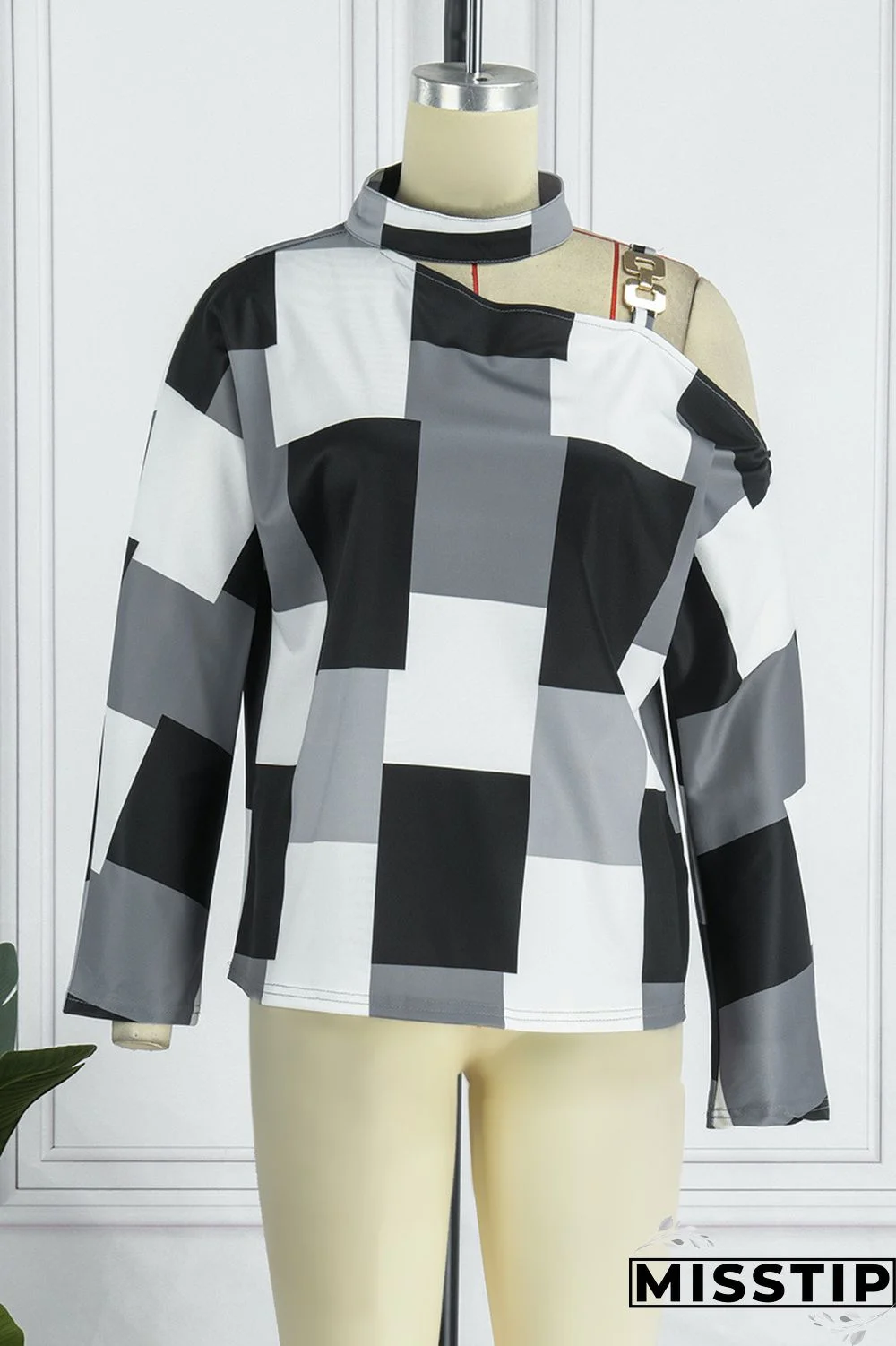 Black White Casual Print Hollowed Out Patchwork Turtleneck Tops