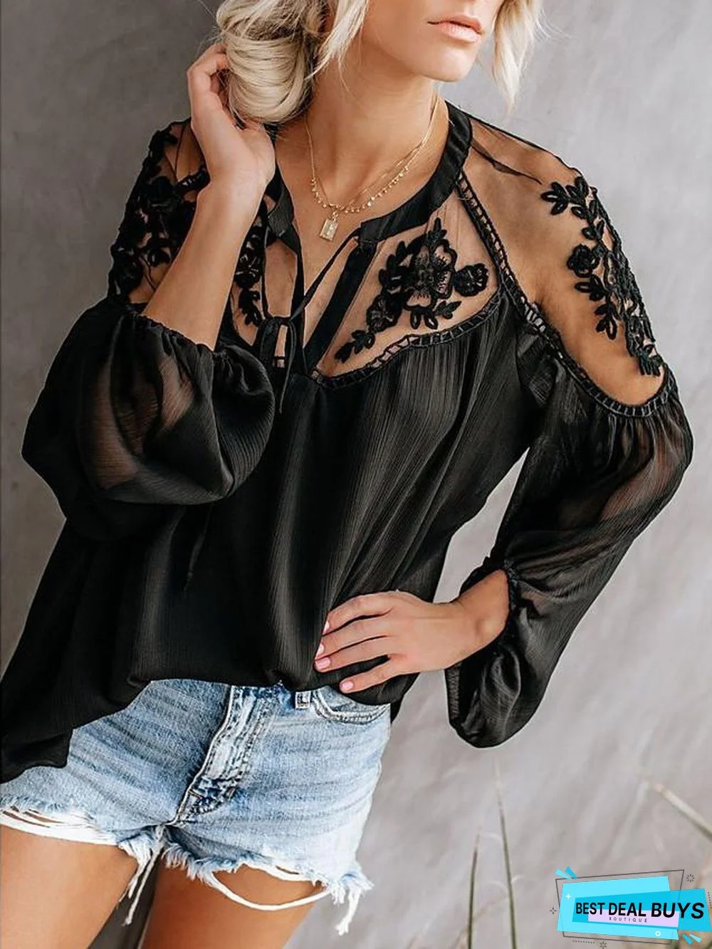 Women's Blouse Shirt Solid Colored Plain Long Sleeve Mesh Lace V Neck Tops Loose Basic Top White Black-0203815