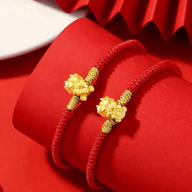 999 Sterling Silver Year of the Dragon Copper Coin Fortune Dragon Fu Character Luck Handcrafted Red String Braided Bracelet