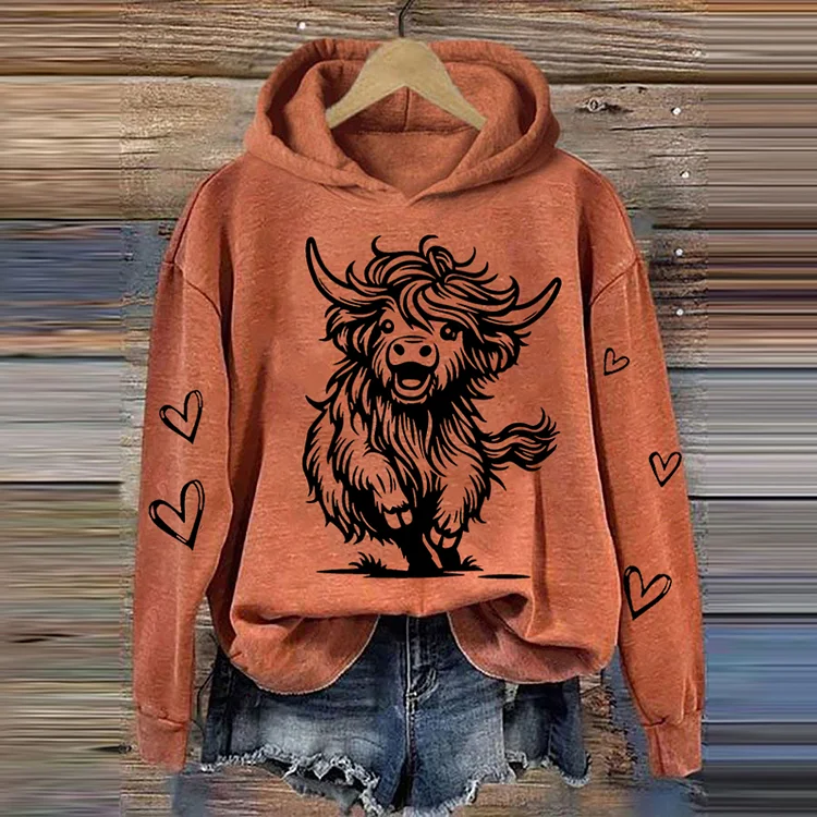 Women's  Cute Running Highland Cow Casual Hoodie