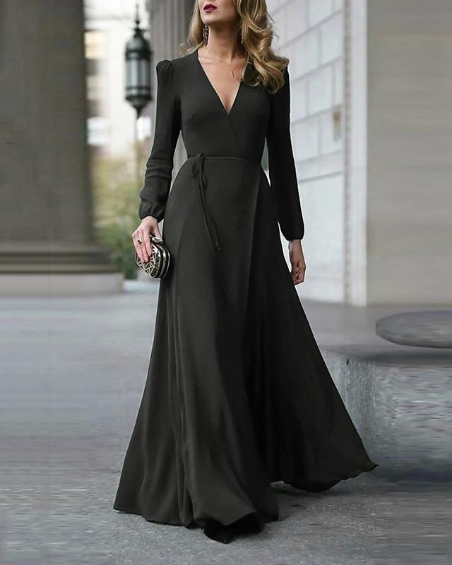 Women's A-Line Dress Maxi long Dress Long Sleeve Solid Color Split Patchwork Fall Winter Elegant Casual Black Wine Green S M L XL Black Dresses